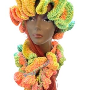 Vibrant Handmade Multicolor Knit Ruffle Scarf and Hat Set $75 Each
